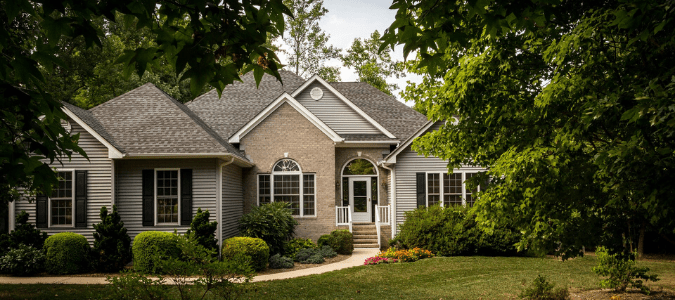 A light blue and brick one story home