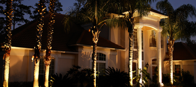 A house with landscape tree lighting